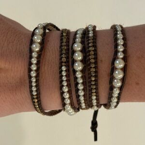 Chan Lulu Brown leather gold & pearl wrap bracelet